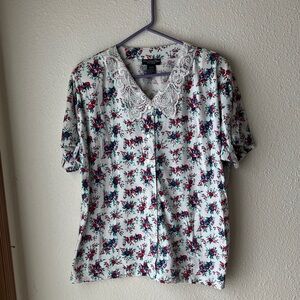 Floral Button-Up Blouse with Lace Collar - White, Red & Teal